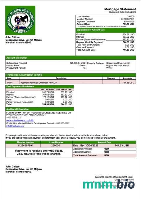 Wyspy Marshalla Bank Rozwoju wyciąg z kredytu hipotecznego szablon Word i PDF
